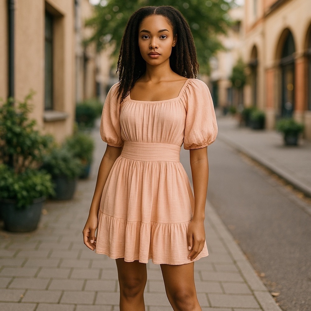 Altar'd State Women Small Peach Mini Dress Puff Sleeves Open cutout back ruffle